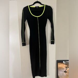 Misguided ribbed black bodycon maxi dress with lime green trim